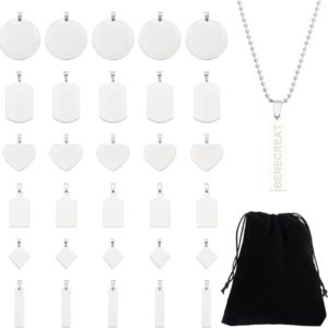 BENECREAT 30PCS Mixed Large Stainless Steel Stamping Blanks, Round/Rectangle/Heart Pendants Charms with Black Velvet Bag and Clear Storage Box for Necklace Bracelet Making and ID Name Tags, 1mm Thick