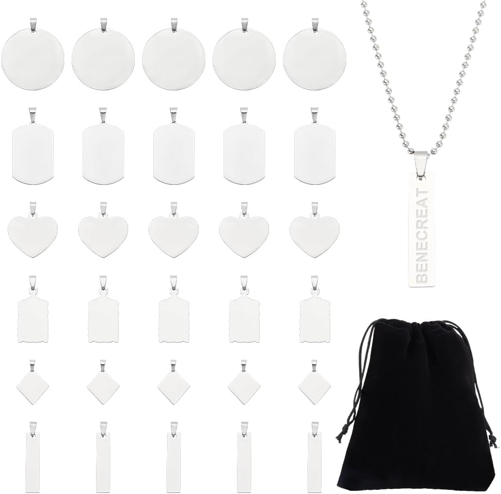 BENECREAT 30PCS Mixed Large Stainless Steel Stamping Blanks, Round/Rectangle/Heart Pendants Charms with Black Velvet Bag and Clear Storage Box for Necklace Bracelet Making and ID Name Tags, 1mm Thick
