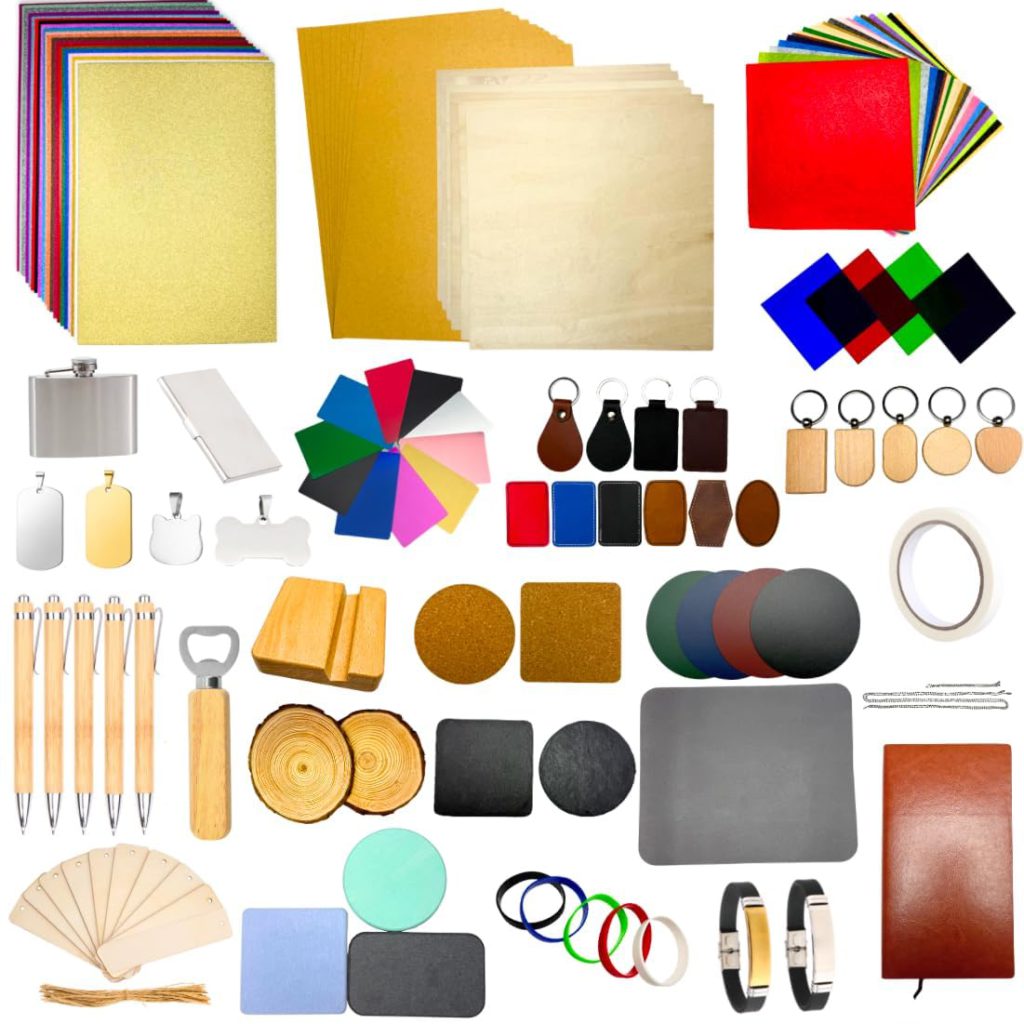 Mroy mio 135 PCS Laser Engraving Material Kit, 27 Kinds Laser Engraver Blanks for Laser Crafting, Includes Wood, Acrylic, Fabric, Rock, PU Leather, Diatom Mud Materials
