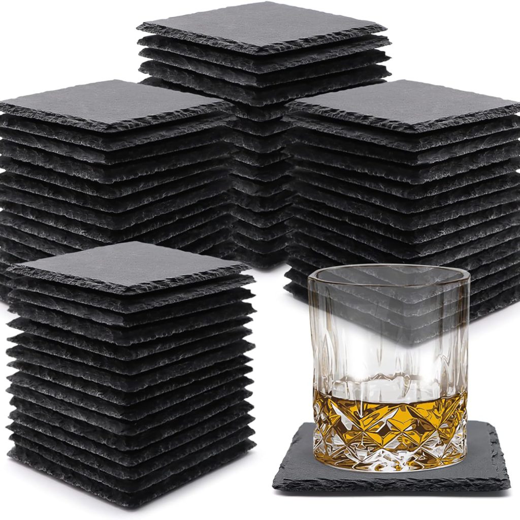 60 Pack Slate Drink Coasters, VIBRATITE 4 Inch Black Slate Stone Coasters Bulk Cup Coaster Laser Engraving Blanks with Anti-Scratch Bottom for Drink Coffee Bar Kitchen Home Decor, Square