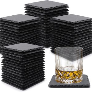 60 Pack Slate Drink Coasters, VIBRATITE 4 Inch Black Slate Stone Coasters Bulk Cup Coaster Laser Engraving Blanks with Anti-Scratch Bottom for Drink Coffee Bar Kitchen Home Decor, Square