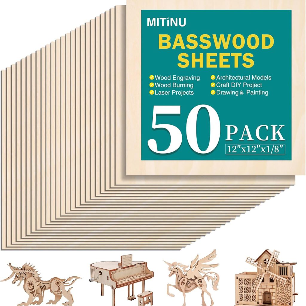 50 Pack Basswood Sheets for Crafts,12″x12″x1/8″ 3mm Thick Plywood Sheets with Smooth Surfaces-Unfinished Squares Wood Boards for Laser Cutting, Wood Burning, Architectural Models, Staining