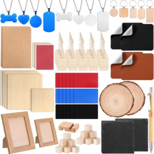 Tondiamo 118 Pcs Laser Material Engraving Explore Kit Laser Engraving Blanks Set Including Acrylic, Wood, Metal, PU Leather, Rock Materials for Laser Engraver Crafting