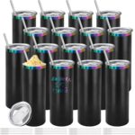 YOUKE OLA 16 Pack Rainbow Plated Stainless Steel Tumbler Straight Double Wall Powder Coated for Laser Engrave, 20oz Black To Iridescent