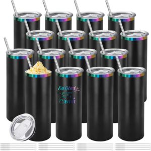 YOUKE OLA 16 Pack Rainbow Plated Stainless Steel Tumbler Straight Double Wall Powder Coated for Laser Engrave, 20oz Black To Iridescent