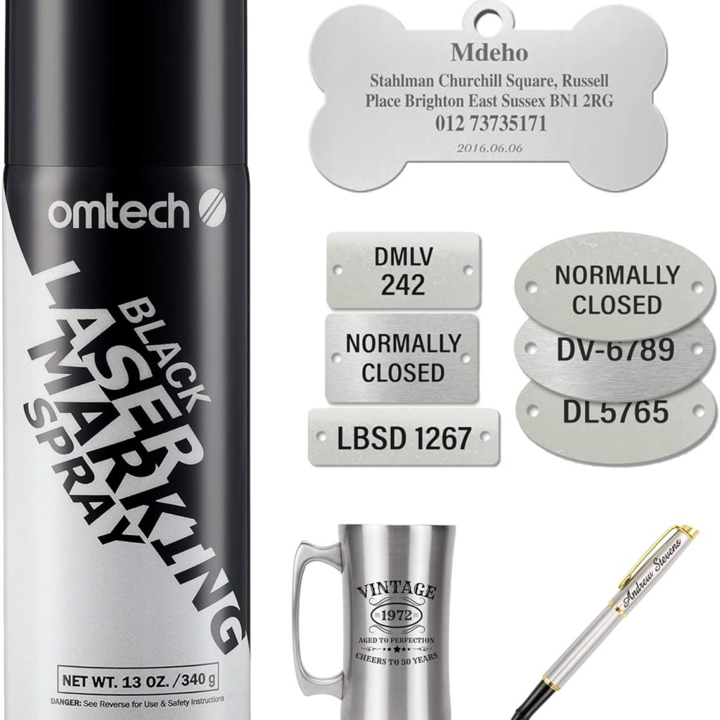 OMTech Laser Marking Spray, Metal Laser Marking Fluid for CO2 Laser Engravers, 13oz Aerosol High Contrast Black Spray for Laser Engraving Metal, Laser Ink Agent for Aluminum Stainless Steel Brass More