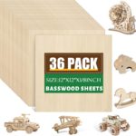36 Pack 12×12 Basswood Sheets 1/8 Inch, Unfinished Wood for Crafts, Basswood for Laser Cutting & Engraving, Wood Burining, Basswood Plywood Sheets for Architectural Models.