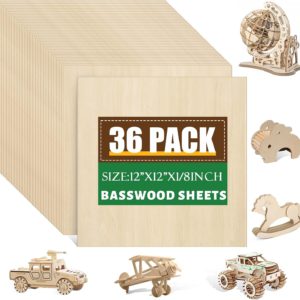 36 Pack 12×12 Basswood Sheets 1/8 Inch, Unfinished Wood for Crafts, Basswood for Laser Cutting & Engraving, Wood Burining, Basswood Plywood Sheets for Architectural Models.
