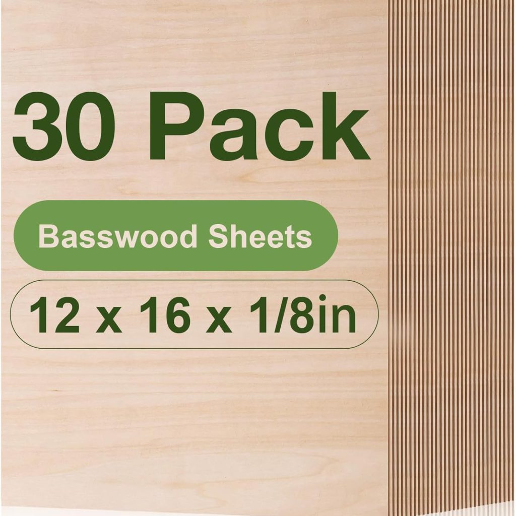 ROBOTIME 30-Pack Basswood Sheets 1/8″ x 12″ x 16″ – Laser Engraving Blanks, 3mm Wood for Laser Cutting and Engraving