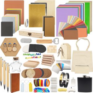 Lamnhin 366PCS Engraving Material Box: DIY Materials to All Laser Engravers with Instructions – 43 Kinds of Laser Engraving Supplies Including Fabric, Metal, Wood, Acrylic, Rubber, PU Leather