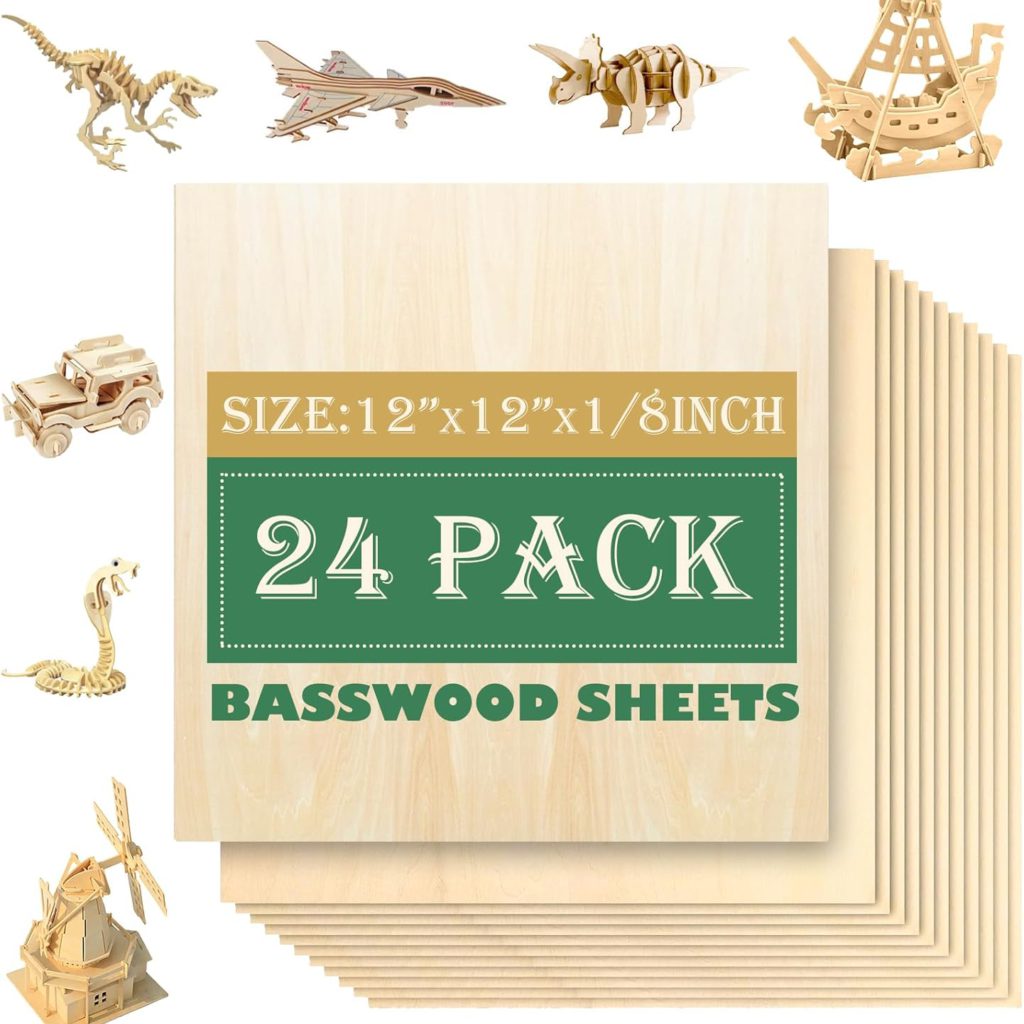 24 Pack 12″x12″Basswood Sheets 1/8″,3mm Basswood for Laser Cutting,3mm Plywood Unfinished Wood Craft Wood for DIY Ornaments and Models Drawing Painting Engraving Wood Burning and Laser Cutting