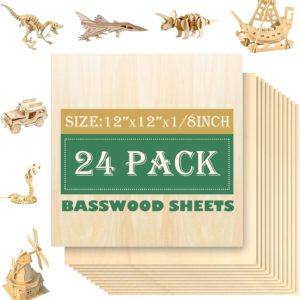 24 Pack 12″x12″Basswood Sheets 1/8″,3mm Basswood for Laser Cutting,3mm Plywood Unfinished Wood Craft Wood for DIY Ornaments and Models Drawing Painting Engraving Wood Burning and Laser Cutting