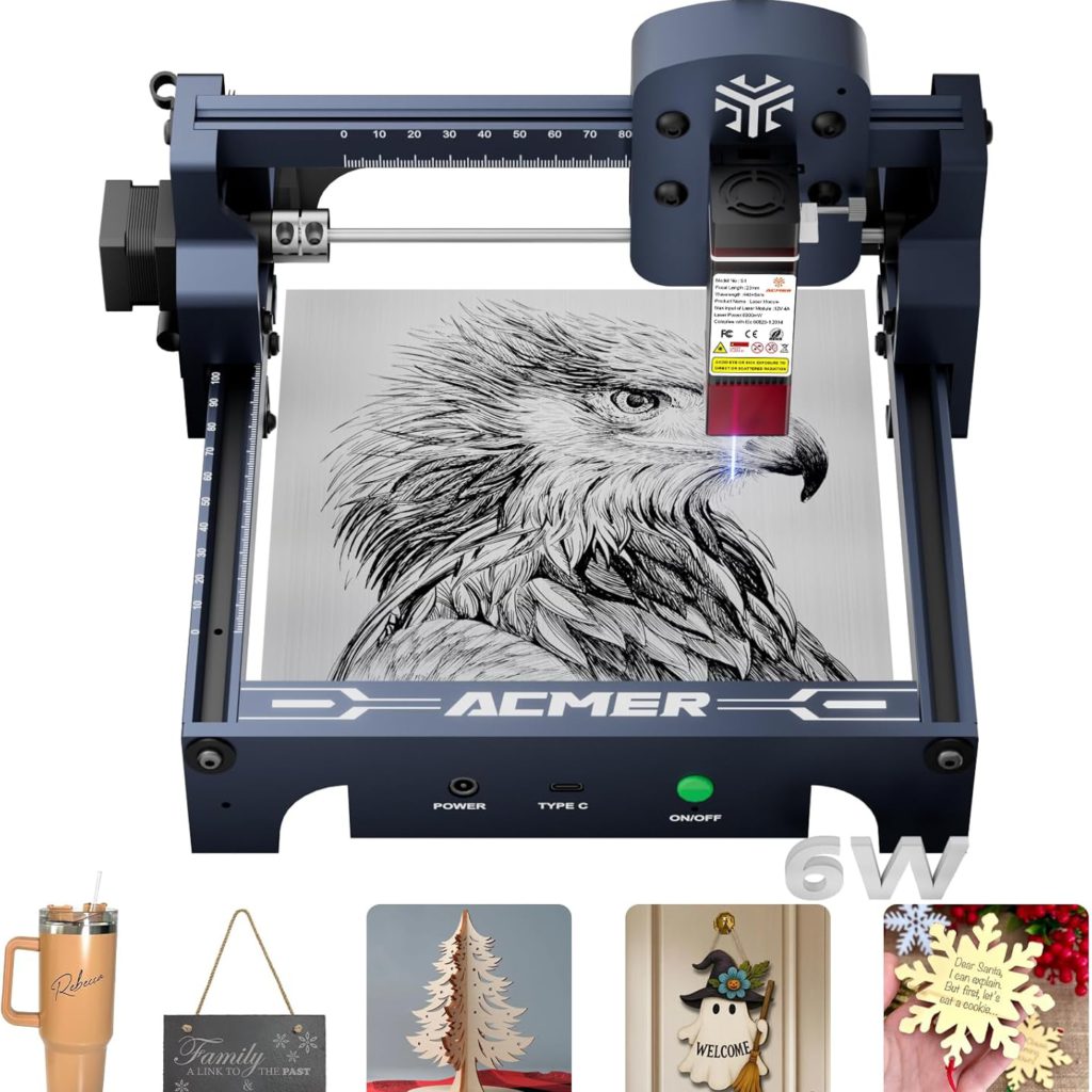 ACMER S1 Laser Engraver, 6000mW Laser Engraver Machine Higher Accuracy Wood Cutter and Engraving Machine with Working Area 130x130mm,0.04mm Laser Spot for Wood Acrylic Metal Glass