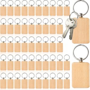WRINGKIT 50 Pieces Wood Keychain Blank, Unfinished Laser Engraving Blanks with Key Rings, Rectangular Keychain Ring Tag Wood Sign Bulk for DIY, Crafts Gift, Pet Tags