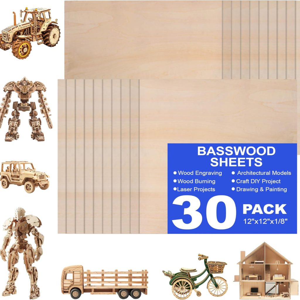 30 Pack 12″x12″x1/8″ Basswood Sheets for Crafts,3mm Craft Wood Plywood,Unfinished Wood,for DIY Ornaments and Model Engraving,Wood for Laser Cutting,Architectural Models,Drawing,Wood Burning