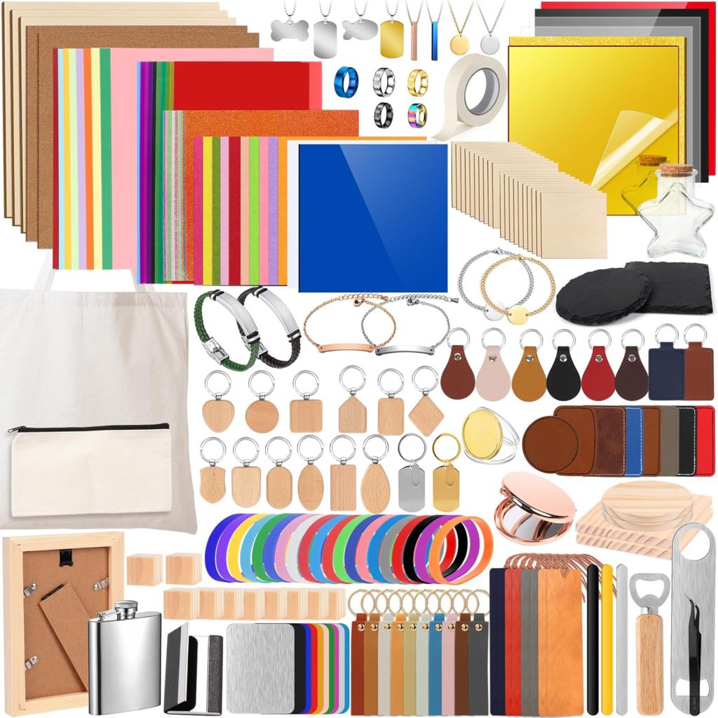 Adrattnay Laser Material Explore Kit, 306PCS Laser Engraving Supplies for Crafting, 46 Kinds Blanks Includes Basswood, Wood, Acrylic, Leather, Metal Necklace Bracelet Rings for Engraver Machine