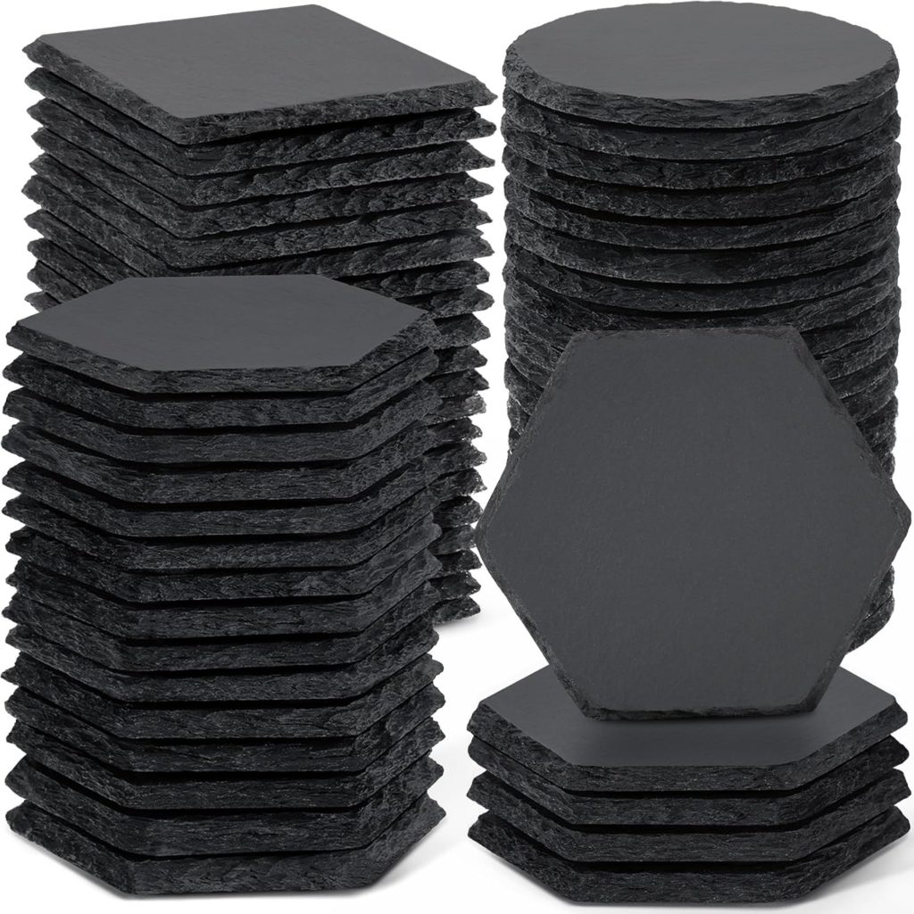 60 PCS Black Slate Stone Coasters Bulk, MAPRIAL 4 Inch 20 PCS Square, 20 PCS Round, 20PCS Hexagon Handmade Drink Coaster for Laser Engraving, Engravable Blanks Material for Engraver, Gifts, Halloween