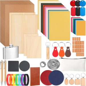 Dunzoom 127 Pcs Laser Material Kit Laser Cutting Engraving Materials Accessories Including Wood, Metal, PU Leather, Fabric, Glass, Rock, Rubber for Cutters Engraving Supplies