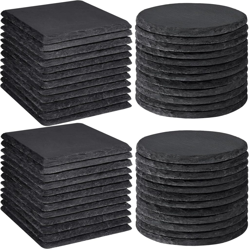 48 PCS Slate Coasters Bulk, MAPRIAL Laser Engraving Blanks Material for Engraver, 4 Inch 24 PCS Natural Square, 24 PCS Round Black Stone Coasters for Drinks, Gifts, Wedding Party, Decor, Christmas