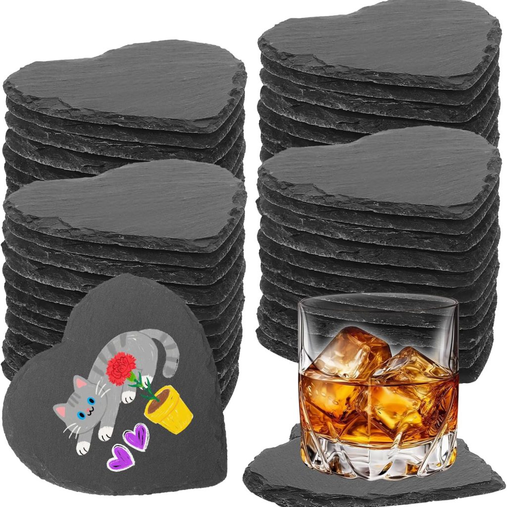 48 PCS Slate Drink Coasters Bulk,4 Inch Black Slate Stone Coasters for Office, Home Decor,Laser Engraving Blanks with Anti-Scratch Bottoms for Coffee Bar Kitchen(Heart)