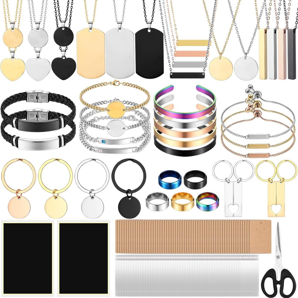 Quelay 99 Pcs Laser Engraving Materials Bulk Include 46 Jewelry Making Engraving Accessories Kit Necklace Bracelet Ring Keychain with Laser Marking Paper for Laser Engraver DIY Crafting Supplies