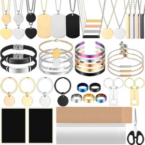 Quelay 99 Pcs Laser Engraving Materials Bulk Include 46 Jewelry Making Engraving Accessories Kit Necklace Bracelet Ring Keychain with Laser Marking Paper for Laser Engraver DIY Crafting Supplies