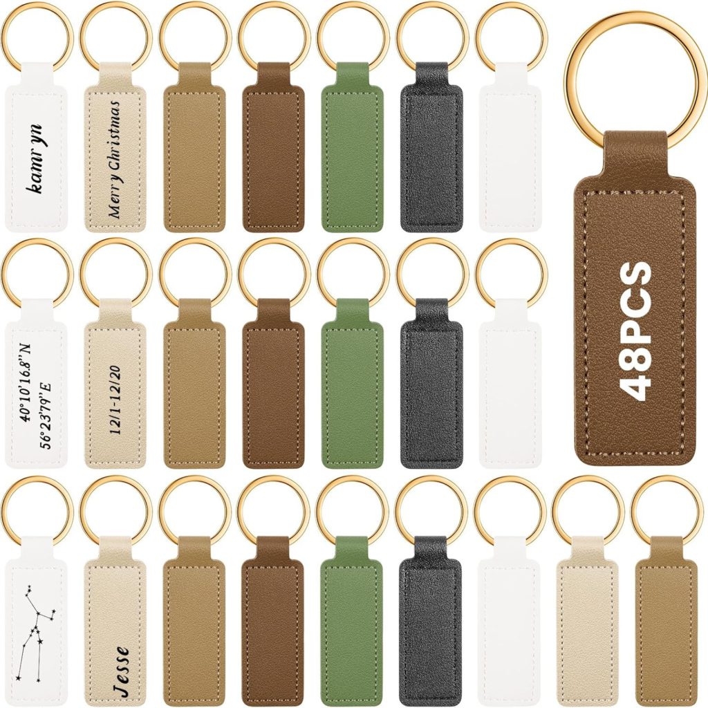 48 Pcs Leather Keychains Blank Bulk PU Leather Laser Engraving Keychains Gift for Men Women Christmas Birthday (Elegant Color)