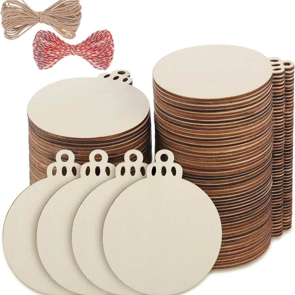 Fuyit 100Pcs 3.5 Inch Wooden Christmas Ornaments Unfinished Wood Slices with Holes, Predrilled Wood Round Circles Blank Discs for DIY Crafts Party Decorations
