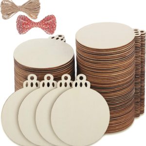 Fuyit 100Pcs 3.5 Inch Wooden Christmas Ornaments Unfinished Wood Slices with Holes, Predrilled Wood Round Circles Blank Discs for DIY Crafts Party Decorations